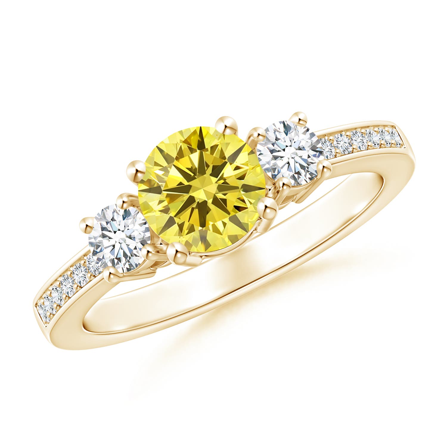 6mm AAAA Classic Three Stone Fancy Intense Yellow and White Diamond Ring in Yellow Gold