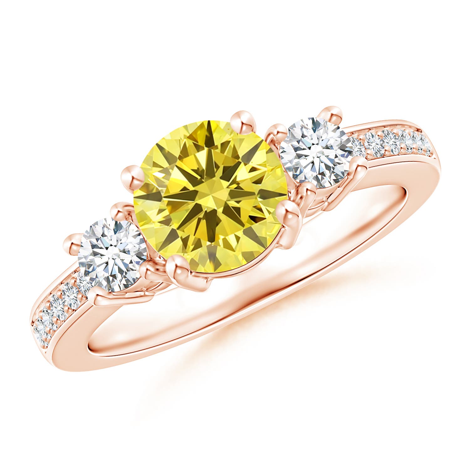 Angara 1.68 CTW Classic Three Stone Round Fancy Intense Yellow and White Diamond Engagement Ring in 18K Rose Gold