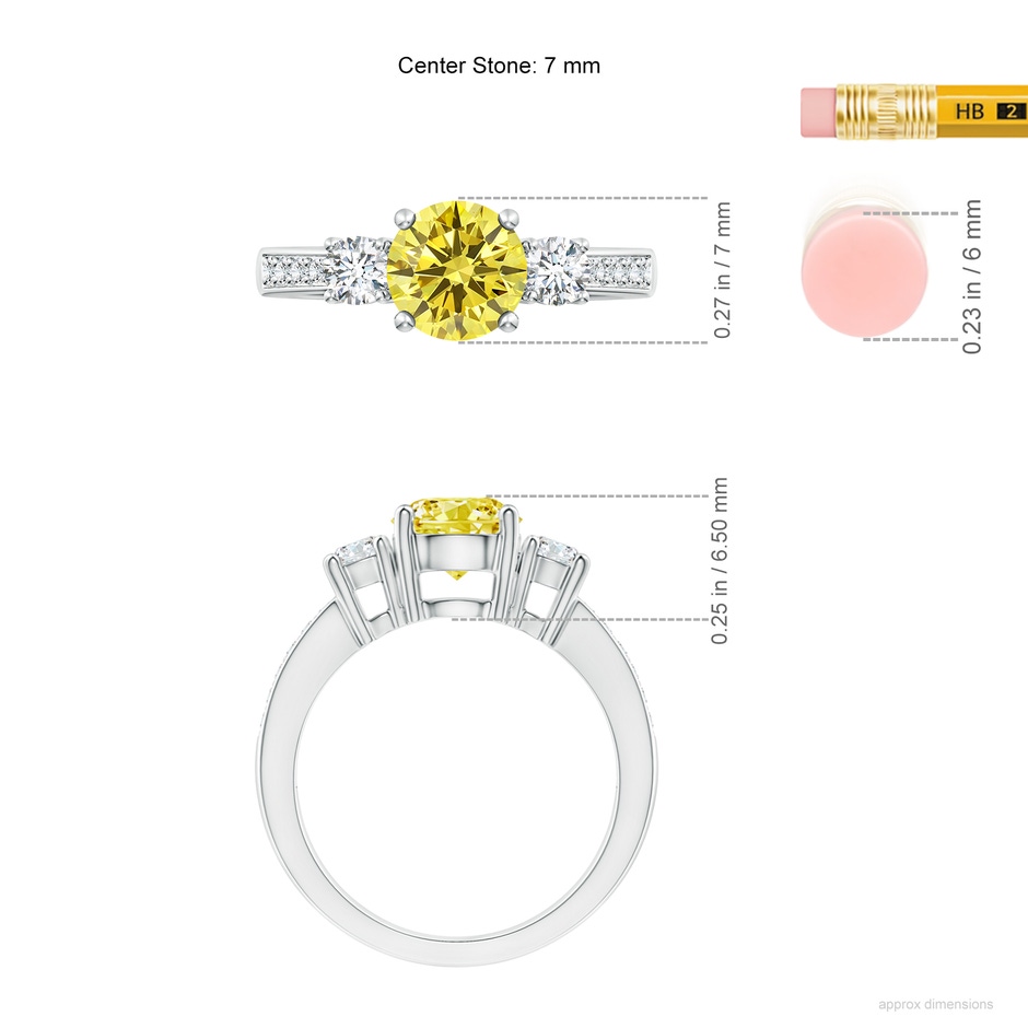 7mm AAAA Classic Three Stone Fancy Intense Yellow and White Diamond Ring in 18K White Gold ruler