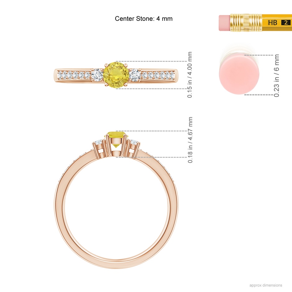4mm AA Classic Three Stone Yellow Sapphire Ring with Diamonds in 9K Rose Gold body-hand