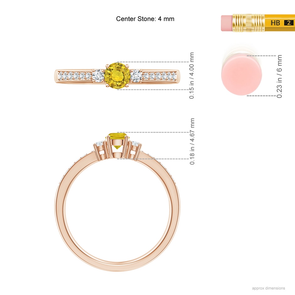 4mm AAAA Classic Three Stone Yellow Sapphire Ring with Diamonds in Rose Gold body-hand