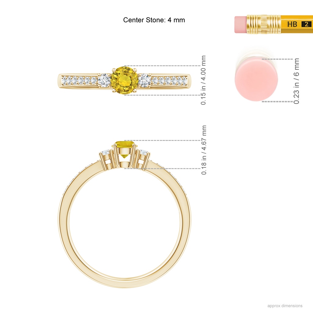4mm AAAA Classic Three Stone Yellow Sapphire Ring with Diamonds in Yellow Gold - body_hand