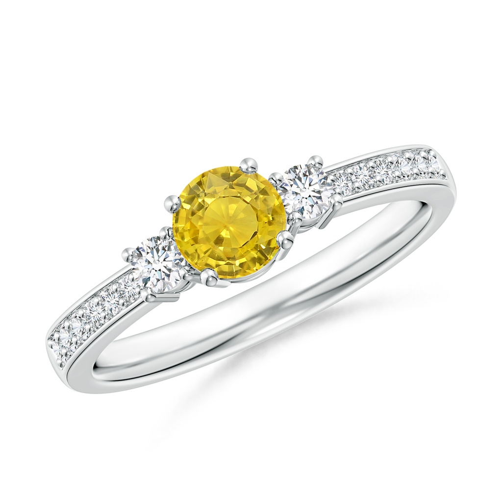 5mm AAA Classic Three Stone Yellow Sapphire Ring with Diamonds in White Gold