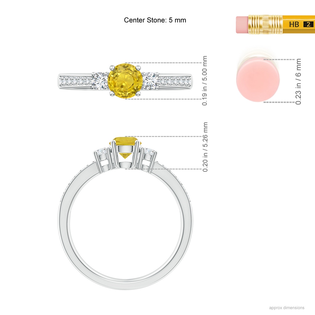 5mm AAA Classic Three Stone Yellow Sapphire Ring with Diamonds in White Gold Body-Hand