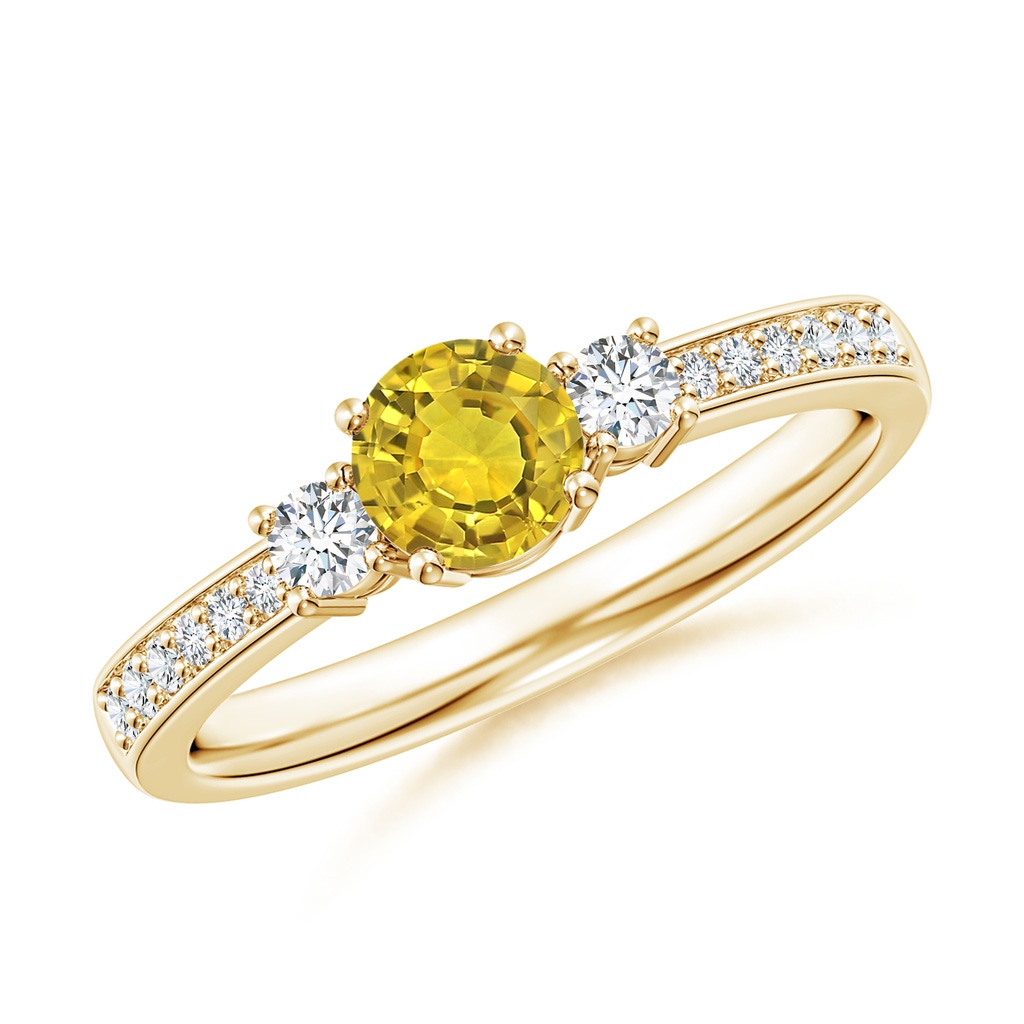 5mm AAAA Classic Three Stone Yellow Sapphire Ring with Diamonds in Yellow Gold