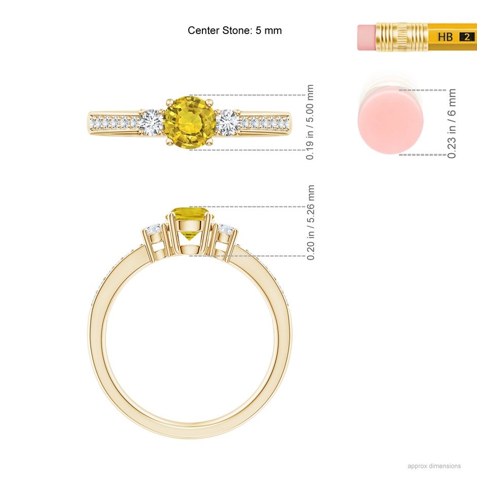 5mm AAAA Classic Three Stone Yellow Sapphire Ring with Diamonds in Yellow Gold body-hand