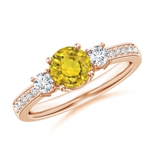 6mm AAAA Classic Three Stone Yellow Sapphire Ring with Diamonds in Rose Gold