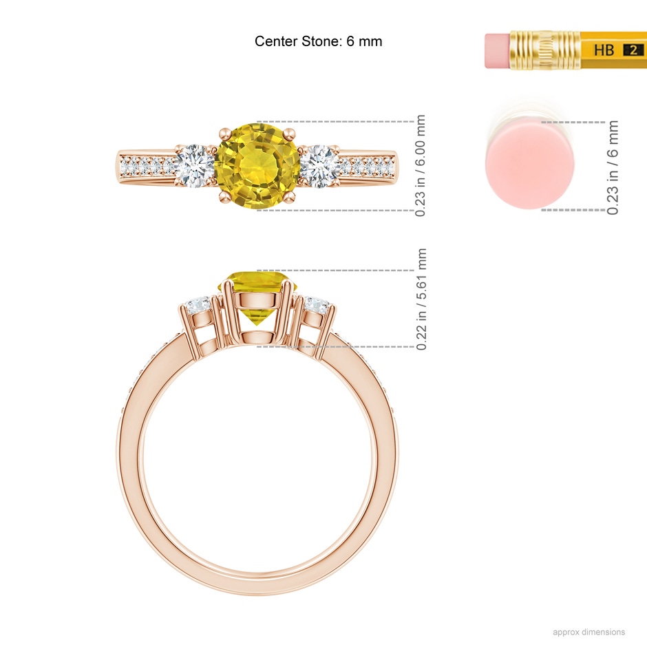 6mm AAAA Classic Three Stone Yellow Sapphire Ring with Diamonds in Rose Gold body-hand