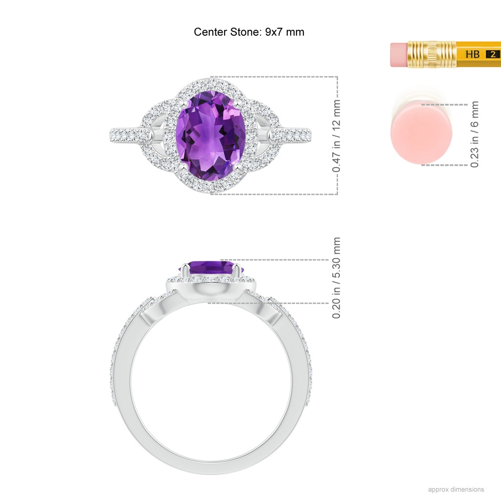 9x7mm AAA Vintage Style Oval Amethyst Halo Ring in White Gold Ruler