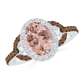 9x7mm AAAA Vintage Style Morganite Halo Ring with Coffee & White Diamond in P950 Platinum