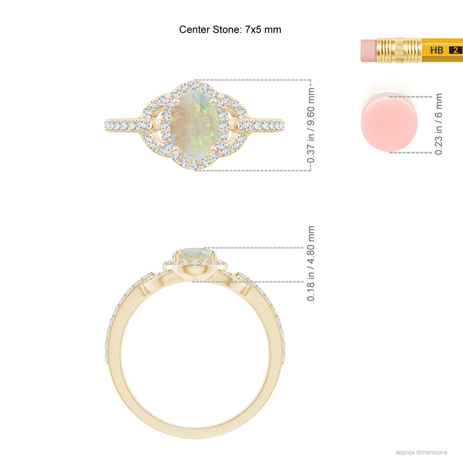 7x5mm AAA Vintage Style Oval Opal Halo Ring in Yellow Gold ruler