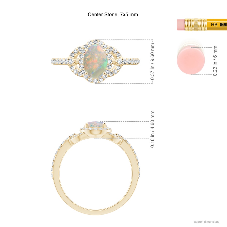 7x5mm AAAA Vintage Style Oval Opal Halo Ring in Yellow Gold ruler