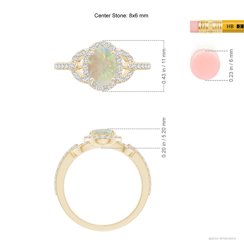 8x6mm AAA Vintage Style Oval Opal Halo Ring in Yellow Gold ruler