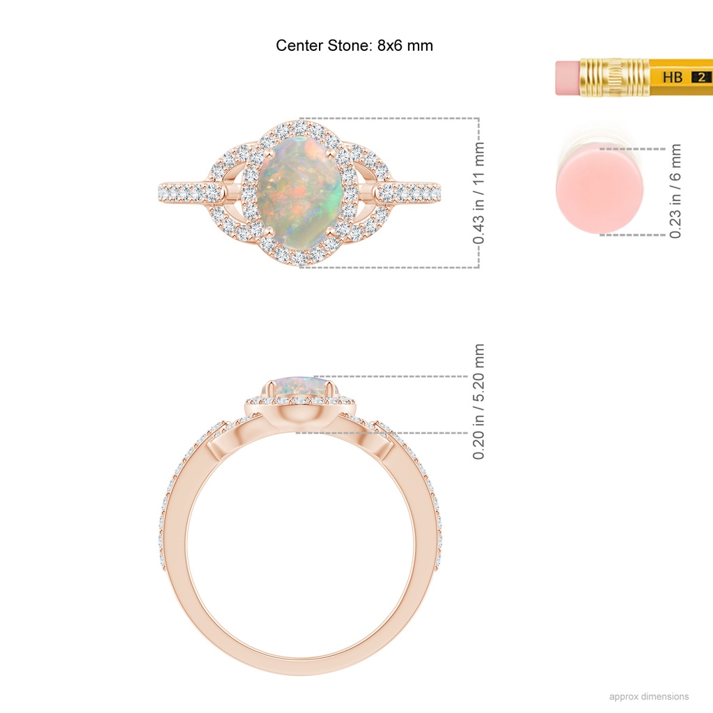 8x6mm AAAA Vintage Style Oval Opal Halo Ring in Rose Gold Ruler