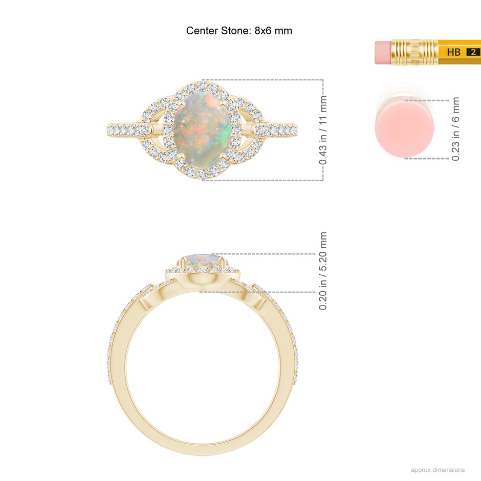 8x6mm AAAA Vintage Style Oval Opal Halo Ring in Yellow Gold ruler