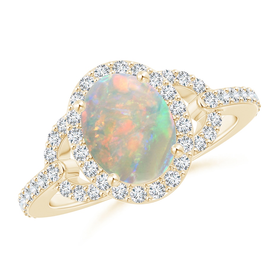 9x7mm AAAA Vintage Style Oval Opal Halo Ring in Yellow Gold 