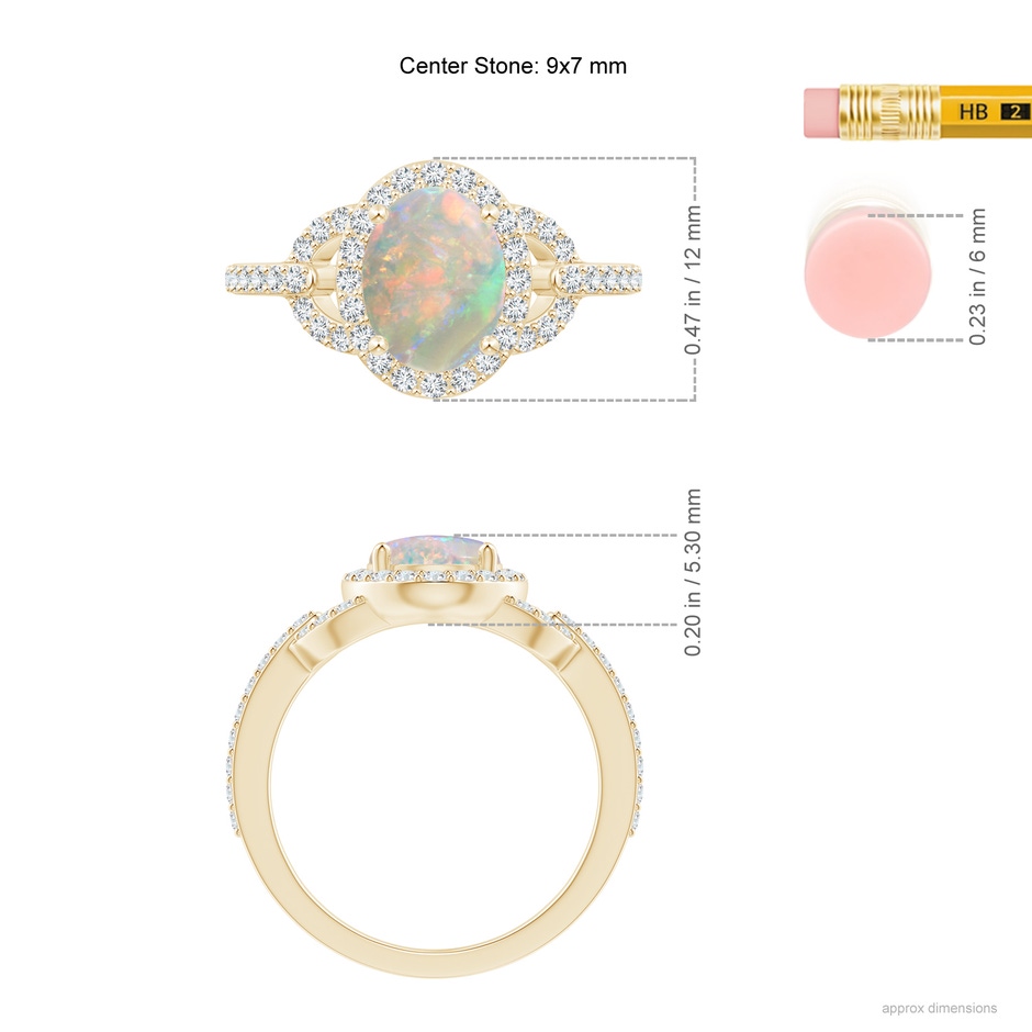 9x7mm AAAA Vintage Style Oval Opal Halo Ring in Yellow Gold ruler