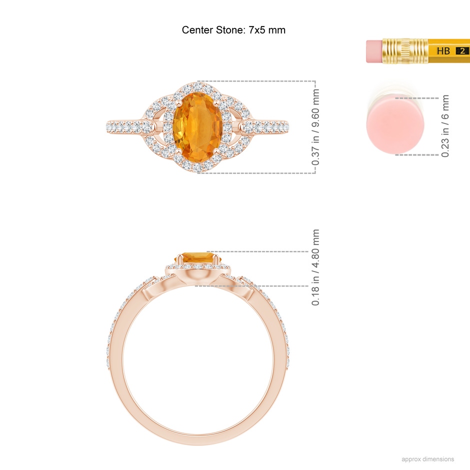 7x5mm A Vintage Style Oval Orange Sapphire Halo Ring in 9K Rose Gold ruler