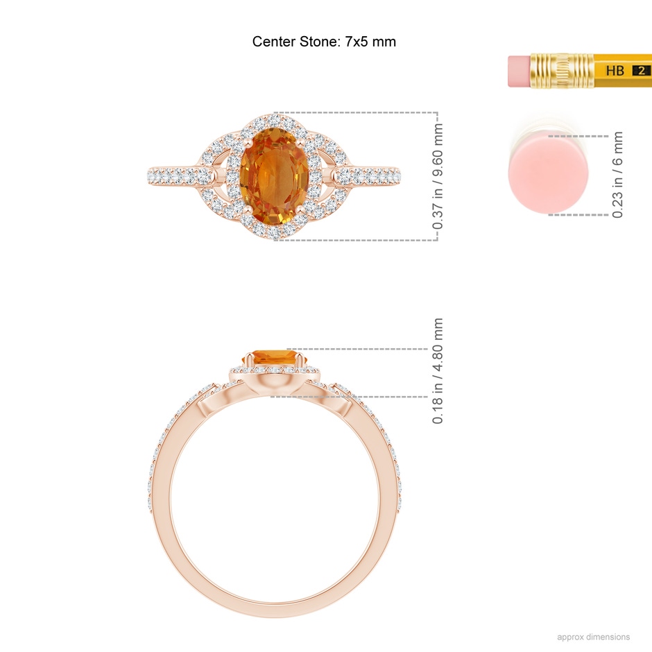 7x5mm AA Vintage Style Oval Orange Sapphire Halo Ring in Rose Gold ruler