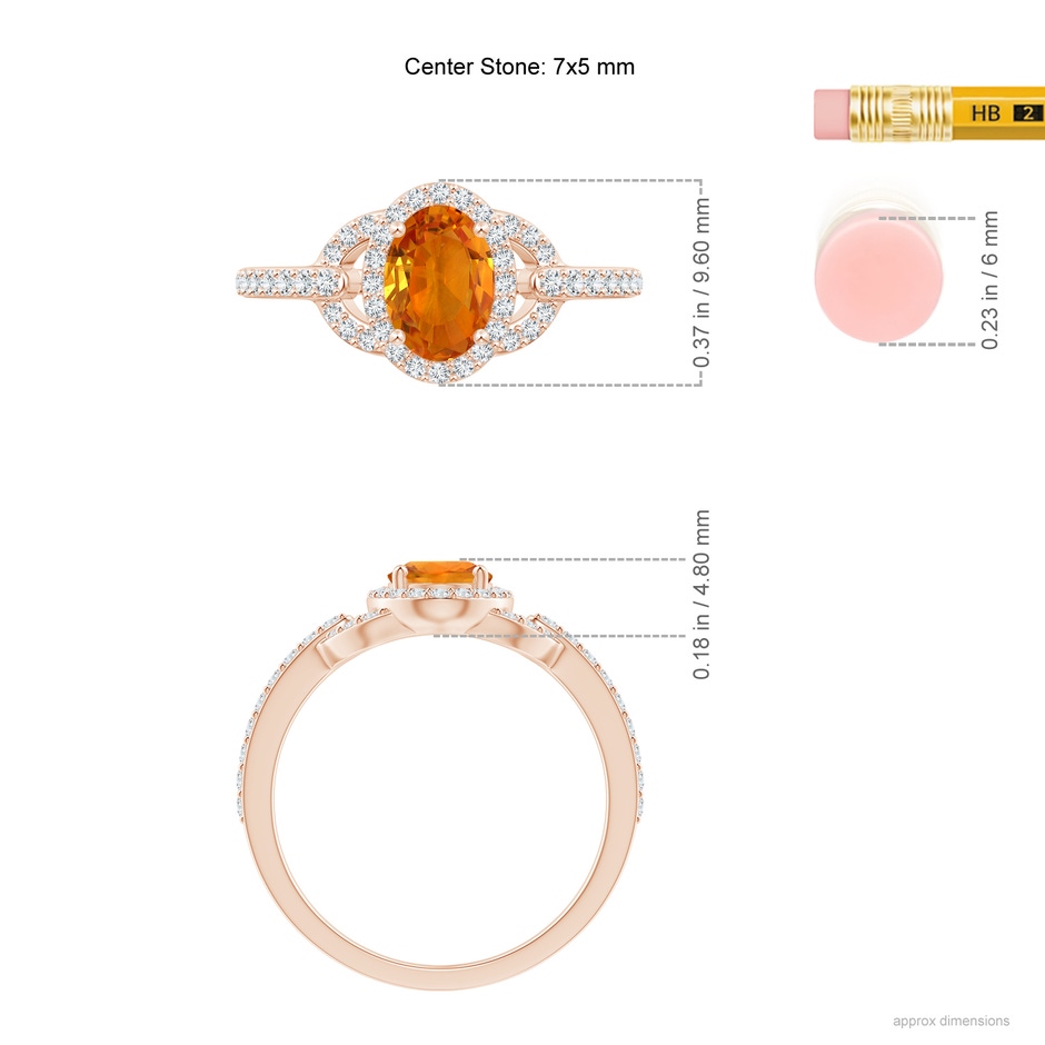 7x5mm AAA Vintage Style Oval Orange Sapphire Halo Ring in Rose Gold ruler