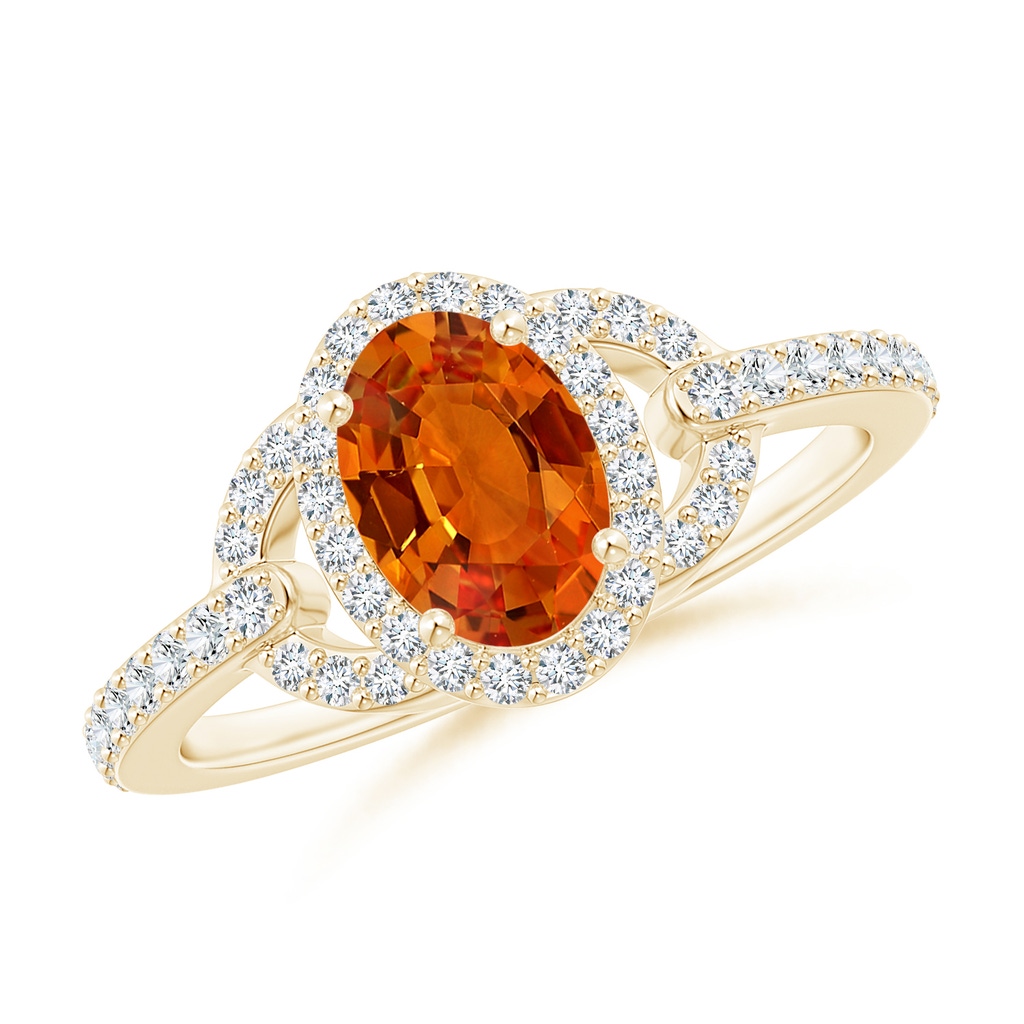 7x5mm AAAA Vintage Style Oval Orange Sapphire Halo Ring in Yellow Gold