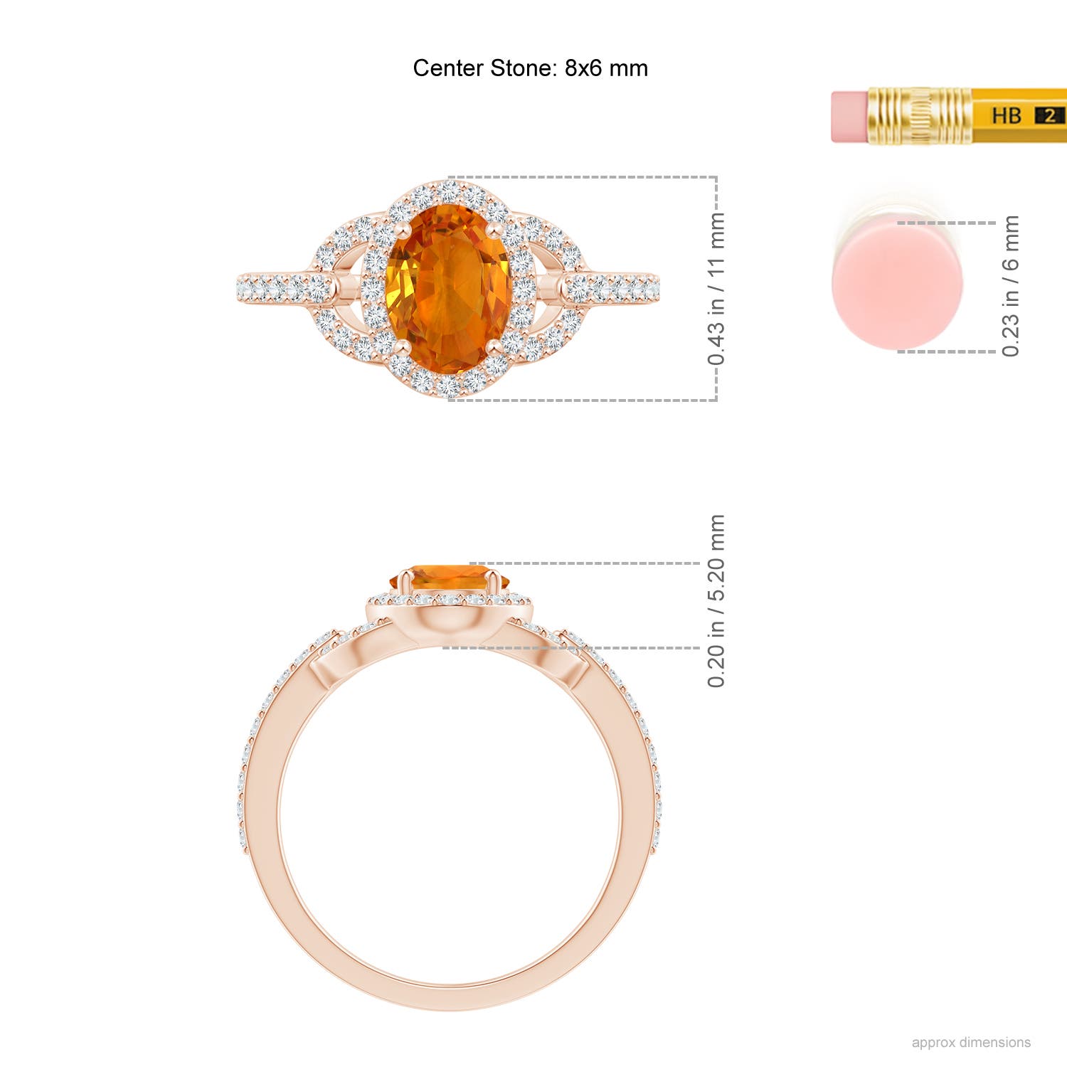 8x6mm AAA Vintage Style Oval Orange Sapphire Halo Ring in Rose Gold - ruler