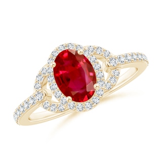 7x5mm AAA Vintage Style Oval Ruby Halo Ring in Yellow Gold
