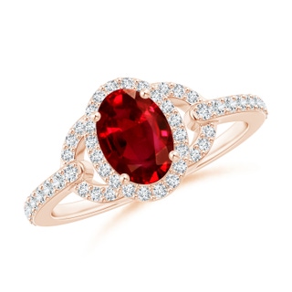 7x5mm AAAA Vintage Style Oval Ruby Halo Ring in Rose Gold