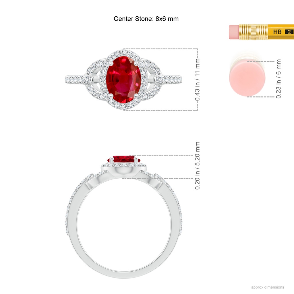 8x6mm AAA Vintage Style Oval Ruby Halo Ring in White Gold Ruler