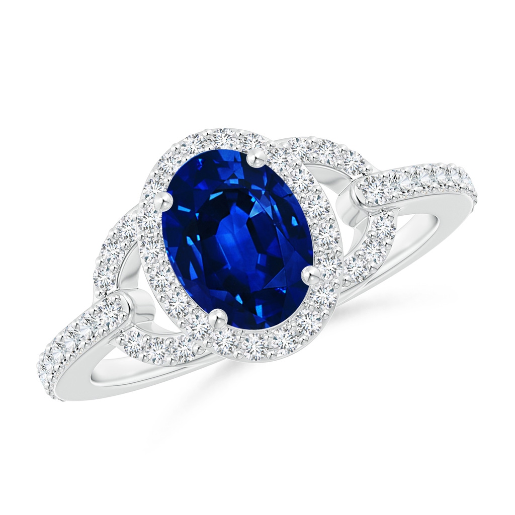 8x6mm Lab-Grown Vintage Style Oval Blue Sapphire Halo Ring in White Gold