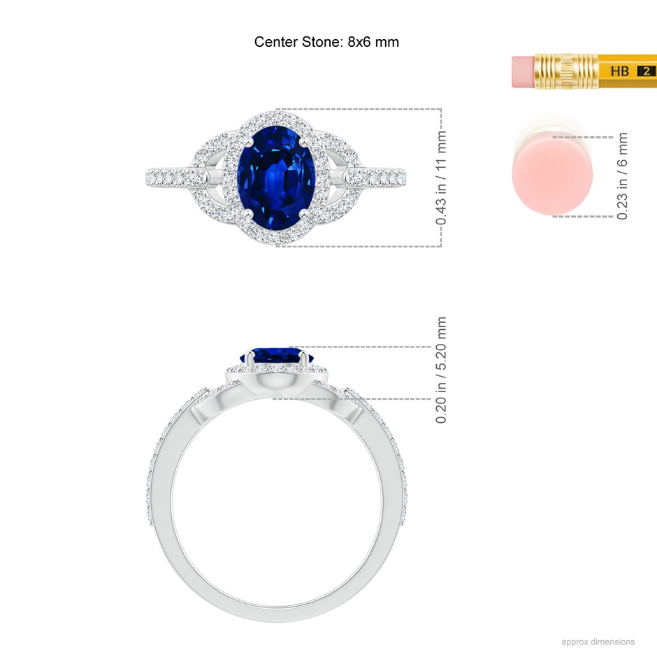 8x6mm Lab-Grown Vintage Style Oval Blue Sapphire Halo Ring in White Gold ruler