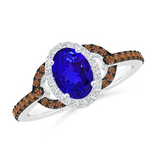 7x5mm AAAA Vintage Style Tanzanite Halo Ring with Coffee & White Diamond in White Gold
