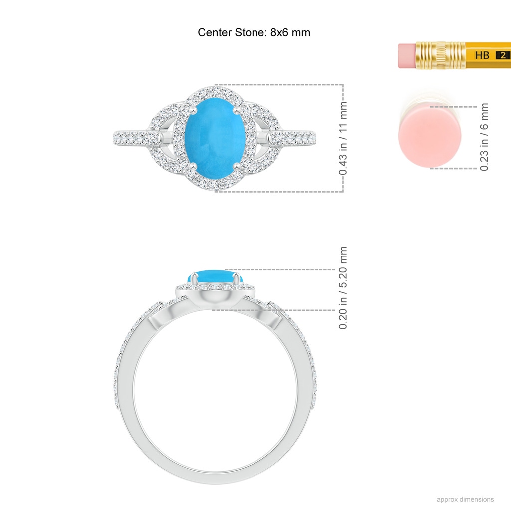8x6mm AAA Vintage Style Oval Turquoise Halo Ring in White Gold Ruler