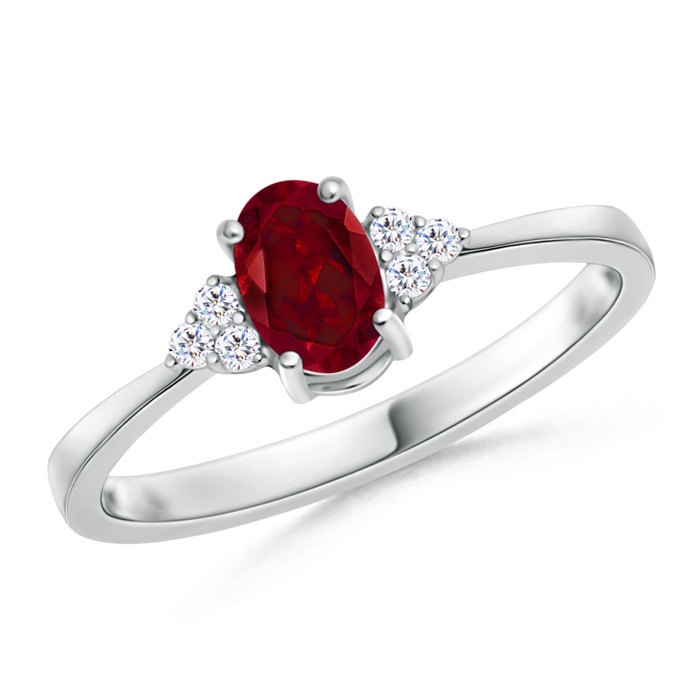 6x4mm AAA Tapered Shank Oval Garnet Ring with Trio Diamond Accent in White Gold
