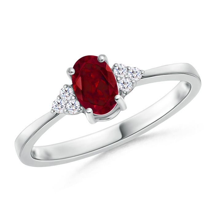 6x4mm AAA Tapered Shank Oval Garnet Ring with Trio Diamond Accent in White Gold 