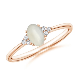 6x4mm AAA Tapered Shank Oval Moonstone Ring with Trio Diamond Accent in Rose Gold