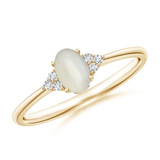6x4mm AAA Tapered Shank Oval Moonstone Ring with Trio Diamond Accent in Yellow Gold