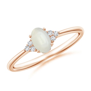 6x4mm AAAA Tapered Shank Oval Moonstone Ring with Trio Diamond Accent in Rose Gold