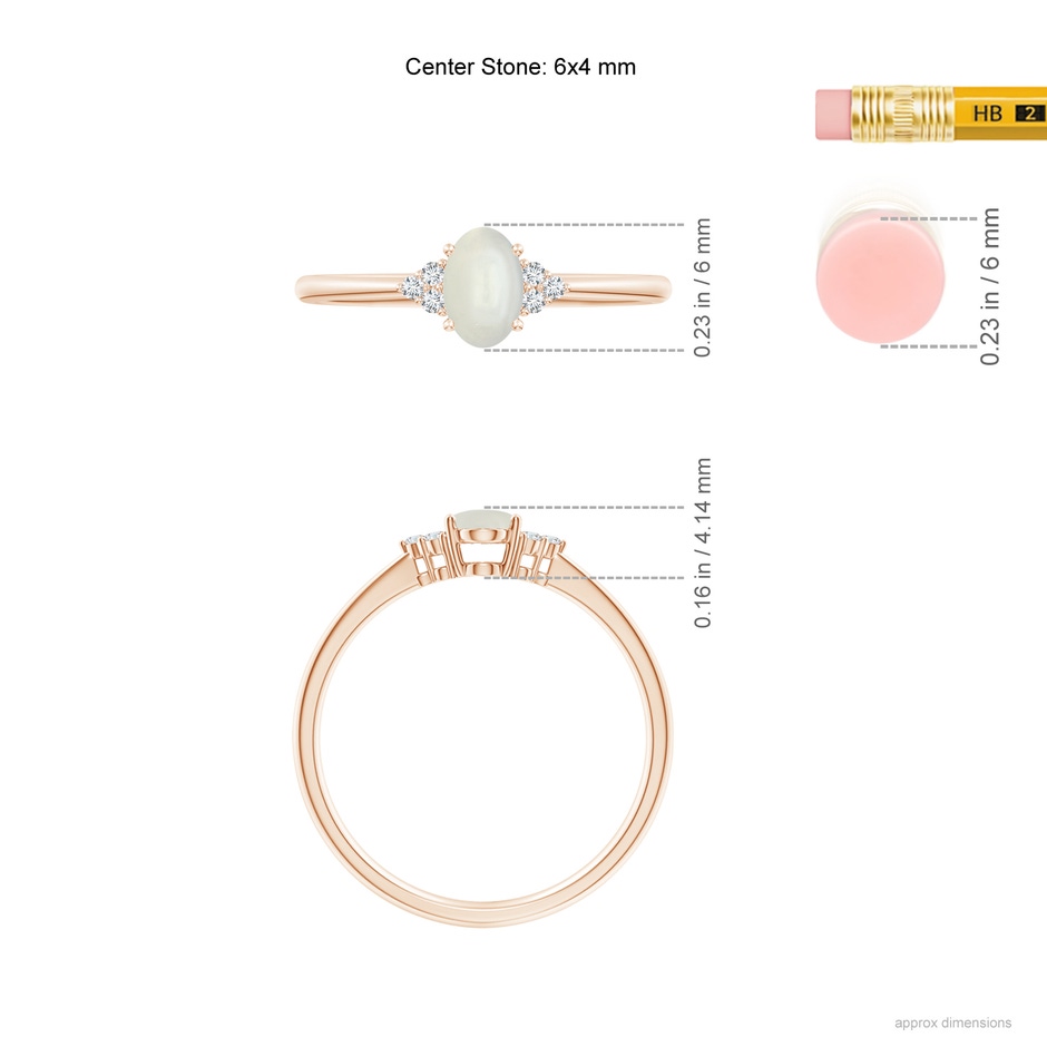 6x4mm AAAA Tapered Shank Oval Moonstone Ring with Trio Diamond Accent in Rose Gold ruler