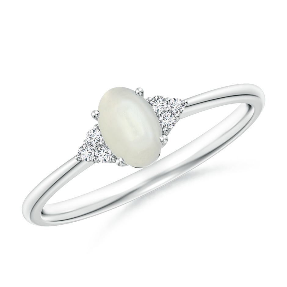 6x4mm AAAA Tapered Shank Oval Moonstone Ring with Trio Diamond Accent in White Gold 