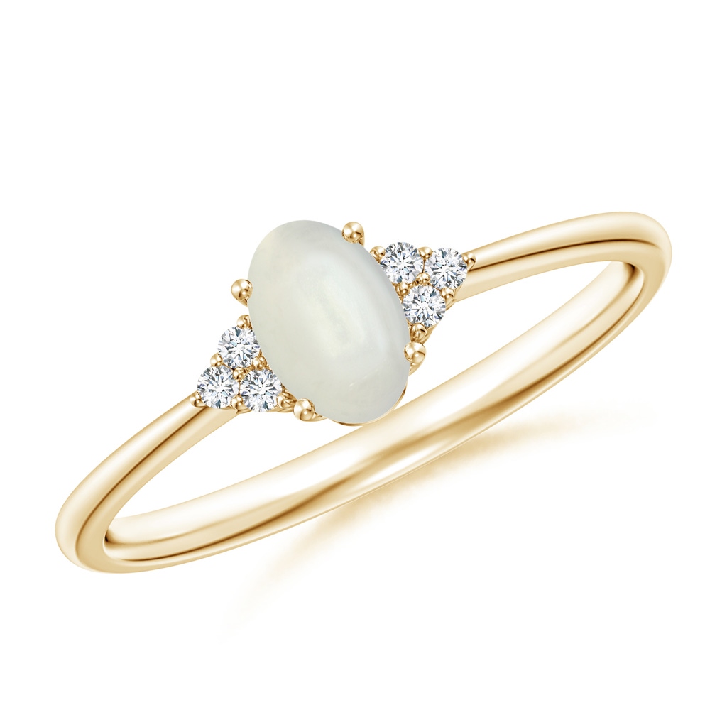 6x4mm AAAA Tapered Shank Oval Moonstone Ring with Trio Diamond Accent in Yellow Gold
