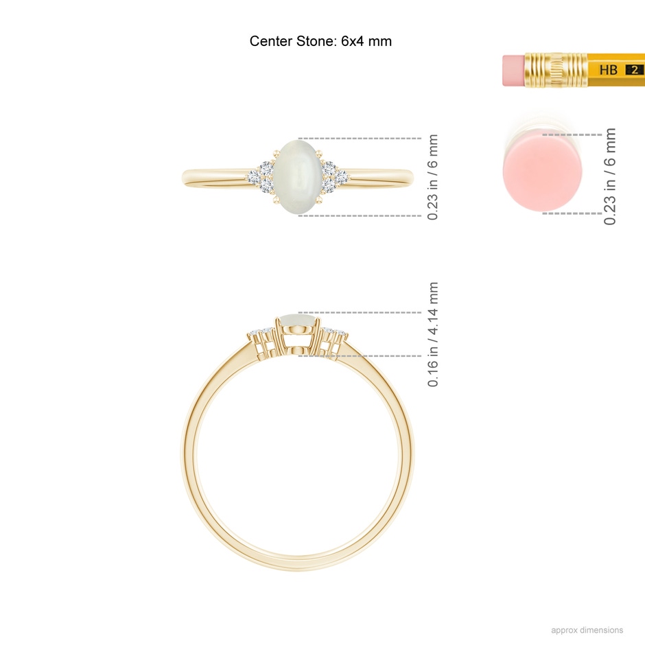 6x4mm AAAA Tapered Shank Oval Moonstone Ring with Trio Diamond Accent in Yellow Gold ruler