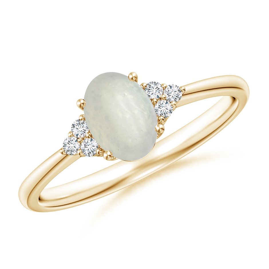 7x5mm A Tapered Shank Oval Moonstone Ring with Trio Diamond Accent in Yellow Gold 