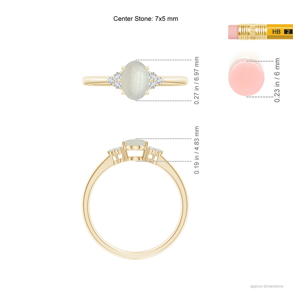 7x5mm A Tapered Shank Oval Moonstone Ring with Trio Diamond Accent in Yellow Gold ruler