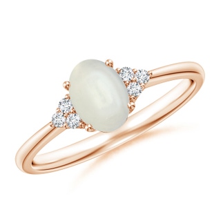 7x5mm AAAA Tapered Shank Oval Moonstone Ring with Trio Diamond Accent in Rose Gold