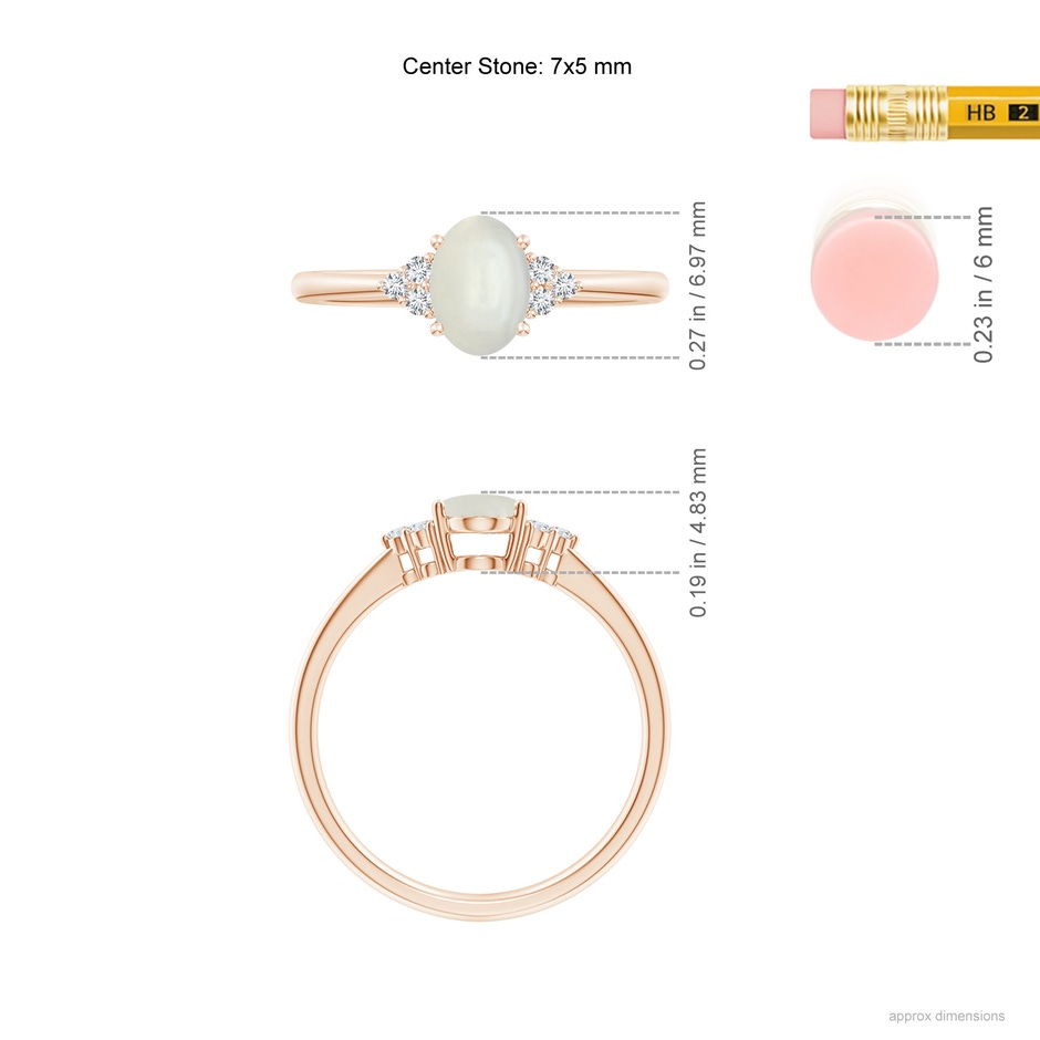 7x5mm AAAA Tapered Shank Oval Moonstone Ring with Trio Diamond Accent in Rose Gold ruler