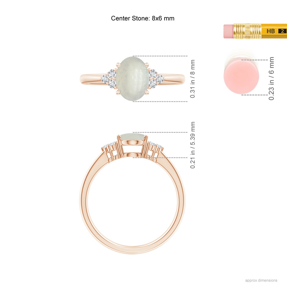 8x6mm A Tapered Shank Oval Moonstone Ring with Trio Diamond Accent in Rose Gold ruler