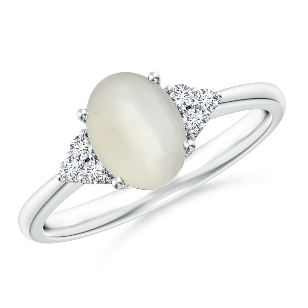 8x6mm AAA Tapered Shank Oval Moonstone Ring with Trio Diamond Accent in White Gold