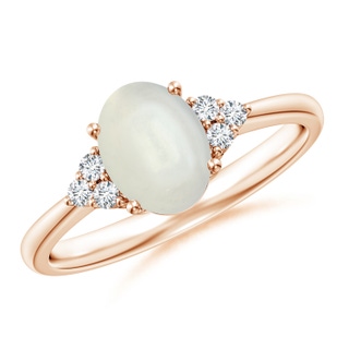 8x6mm AAAA Tapered Shank Oval Moonstone Ring with Trio Diamond Accent in Rose Gold