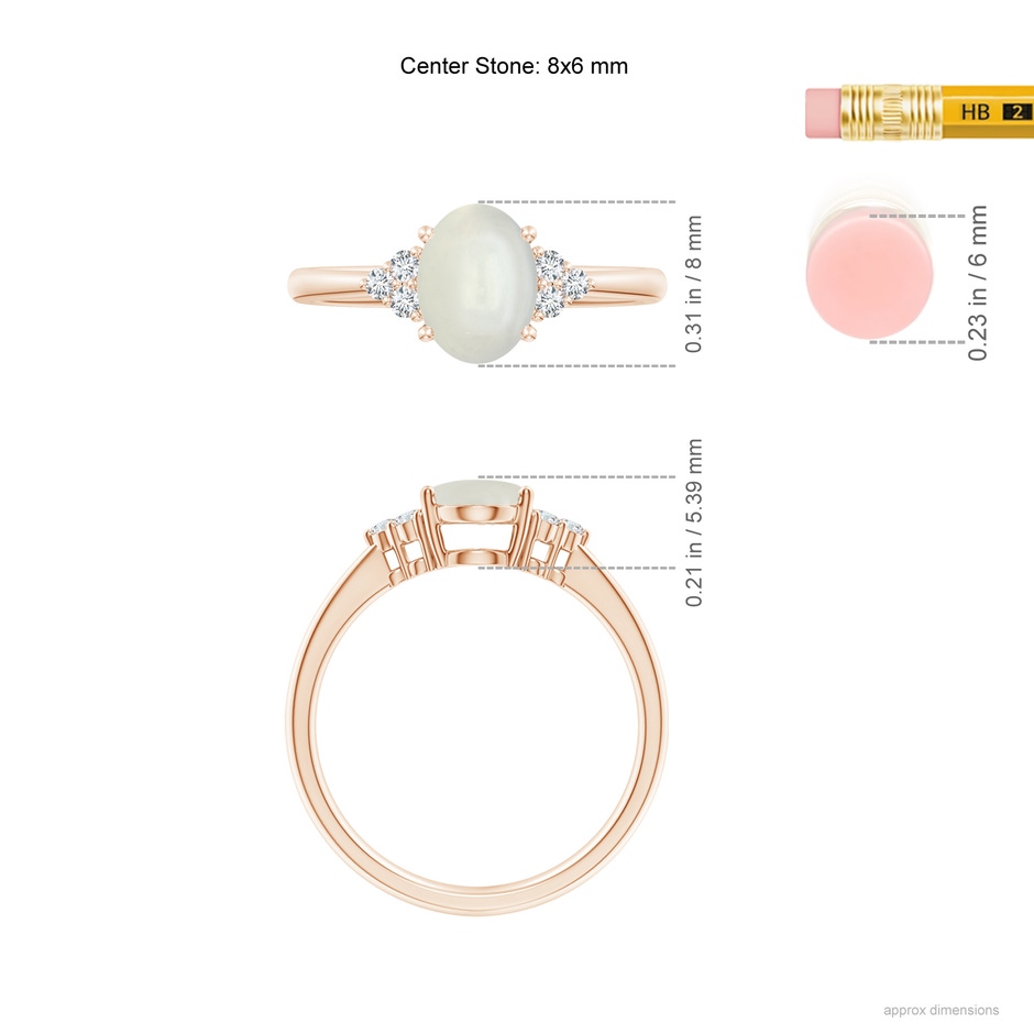 8x6mm AAAA Tapered Shank Oval Moonstone Ring with Trio Diamond Accent in Rose Gold ruler
